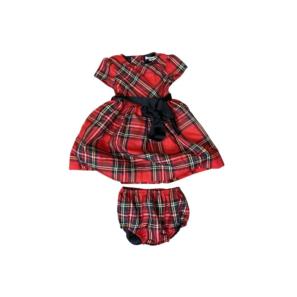Ralph Lauren Dress Set Girls 9M Red Tartan Plaid Bow Sash Bloomers Holiday Party